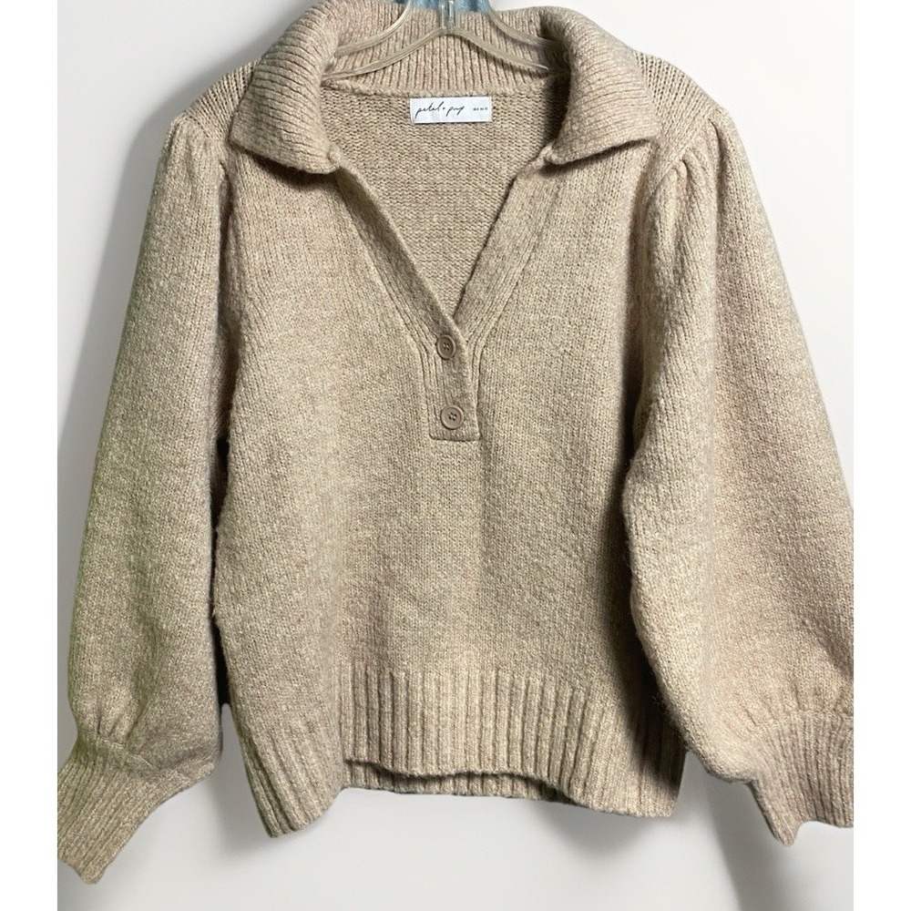 Petal + Pup Beige Knit Collared Puff Sleeve Wool‎ Blend Sweater US 8